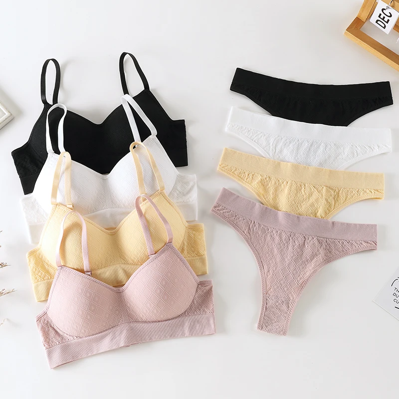 bra panty set size seamless sise ladies Latex fixed cup cotton without pad Back Buckle women tube top bra thongs panties suit