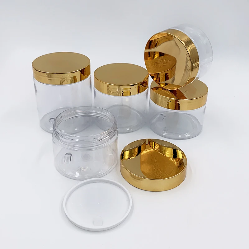 100ML 200ML 300ML 500ML pet transparent bottle cosmetic container food grade plastic jar with gold lids 150ml 250ml 600ml 1000ml
