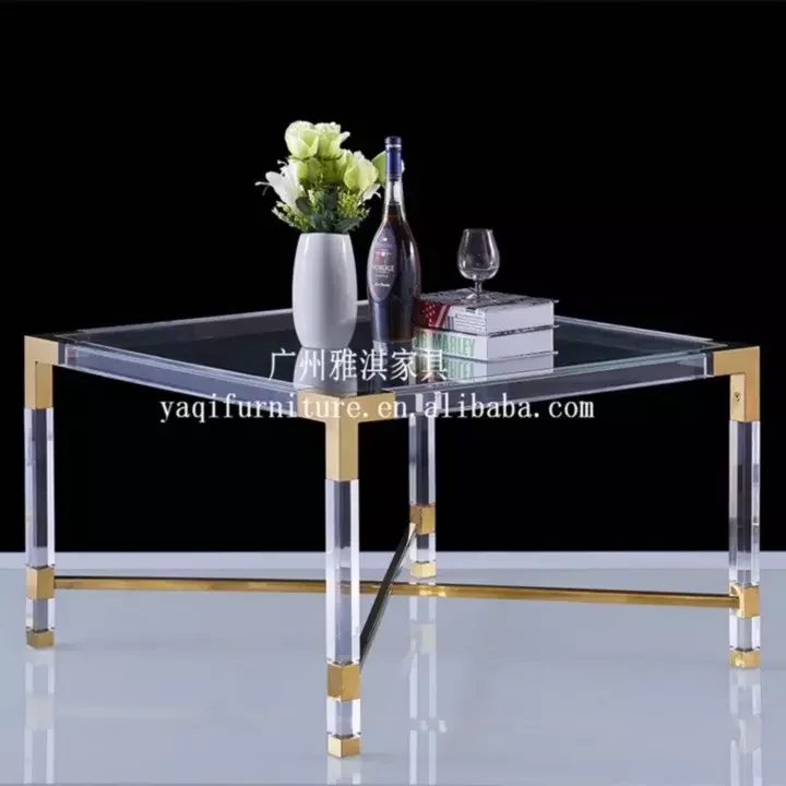 Light Luxury Home Furniture Modern Style Coffee Table Clear Acrylic and Metal Square Cross Acrylic Table