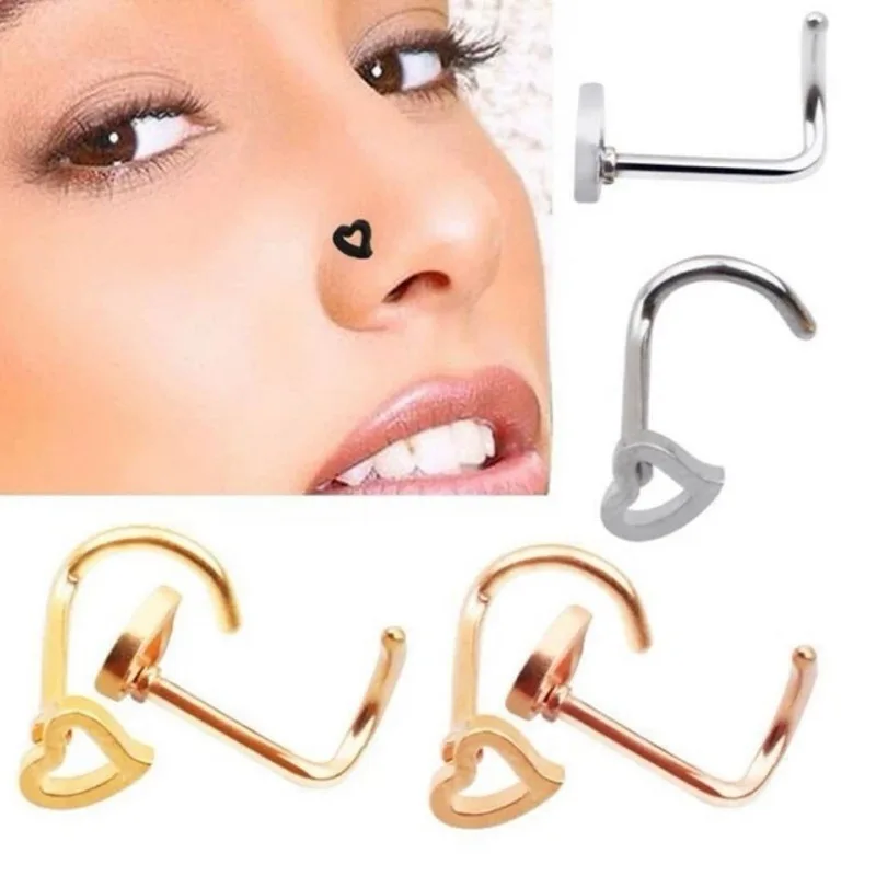 
Classic stainless steel hollow peach heart nose ring body piercing jewelry love shaped hook nose nail 