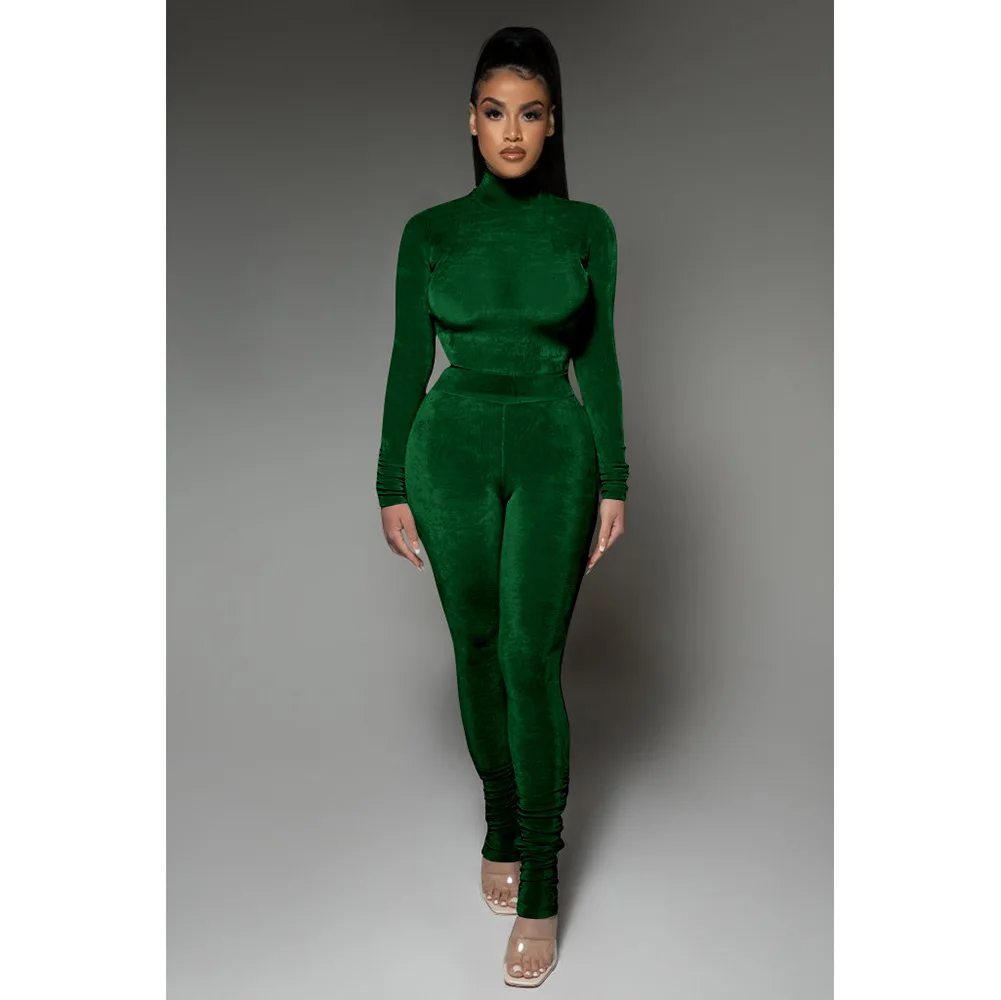 turtleneck sexy club top women private label crop top leggings tight track suit outfits two piece casual velour lady tracksuit