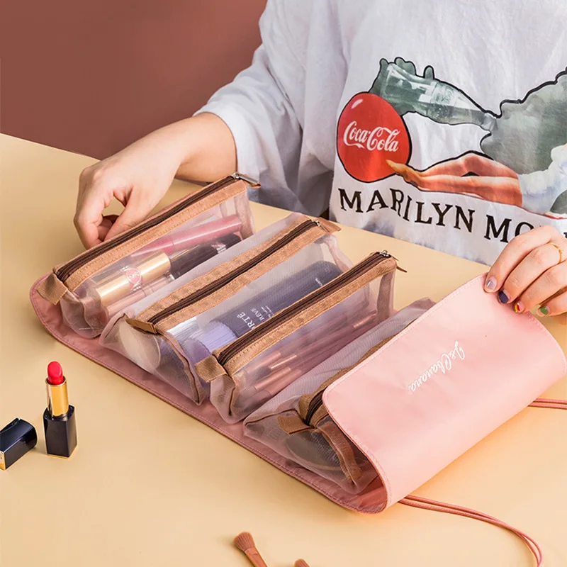 2022 Amazon wholesale Hot Sale 4 pcs Mesh Zipper Pouch Roll Up Travel Cosmetic Bag Makeup Bag Organizer Storage Toiletry Bag