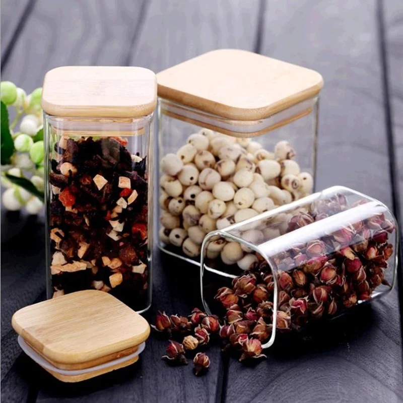 Hot Sell Airtight Food Cans Square Storage Glass Jar Cylinder With Wooden Top Lid