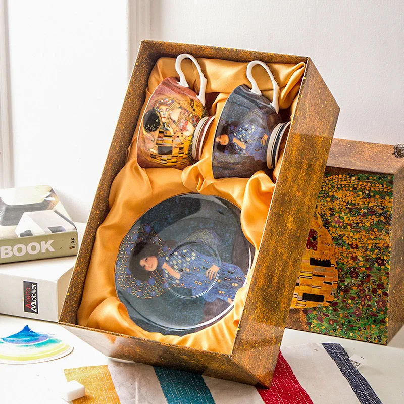 Klimt Famous Painting Bone China Tea Cup and Saucer Sets for 2 Person