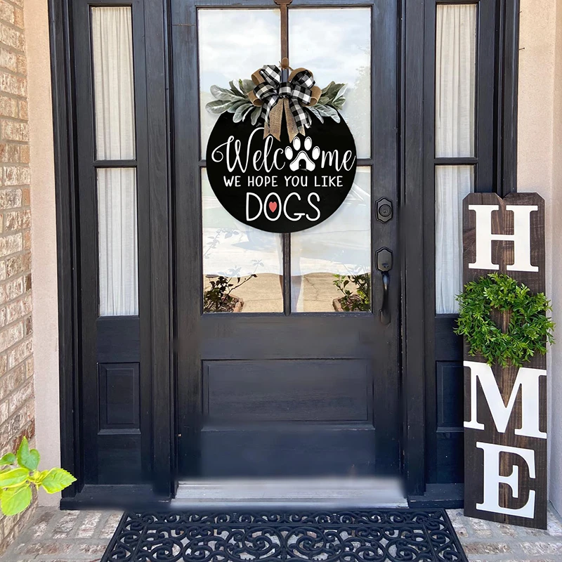 16 Inch Welcome Sign Front Door Hanger Wreath Welcome Me  We Hope You Like Dogs Farmhouse Door for Home Decoration Outdoor Ind