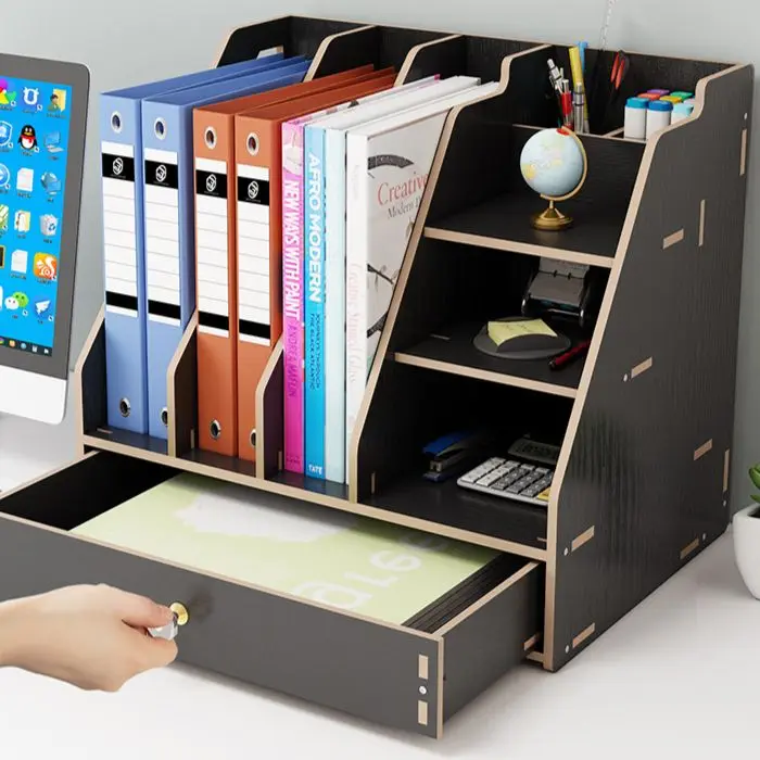 Office Stationery Drawer File Table Key Storage Rack Bamboo Over Sink Counter Shelf Stackable Grid Holder Wooden Organizer