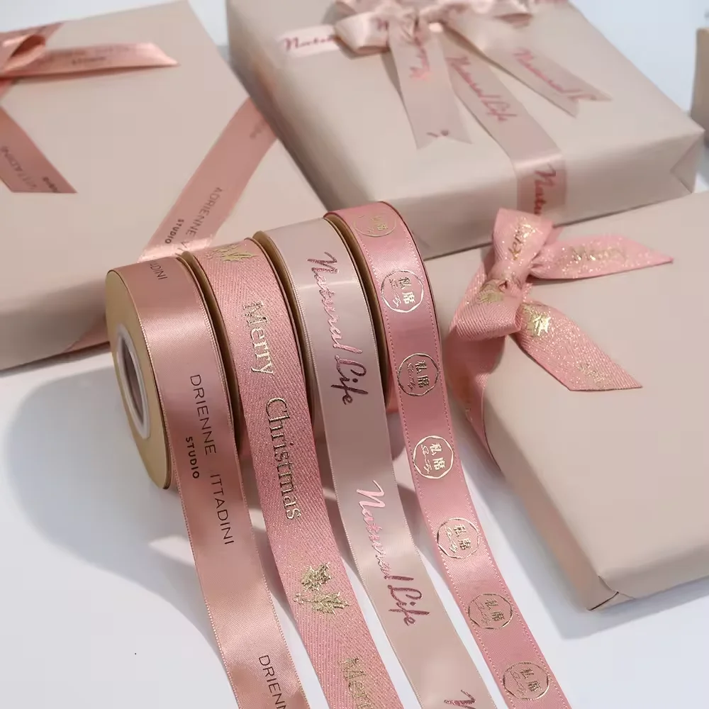 Recycle Hot Sell 3D customized printed valentines day ribbon with logo custom gold logo on pink satin ribbons gift wrapping