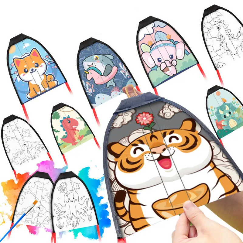 DIY Painting Kite Kit With Color Pen Children Ejection Slingshot Flying Toys Rubber Band Elastic Glide Small Kite