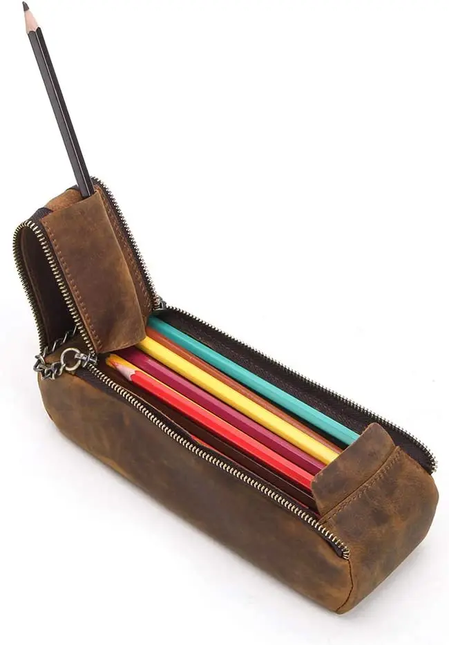 Genius Leather Pencil Case - Double Zippered Pen Pouch for School, Work and Office