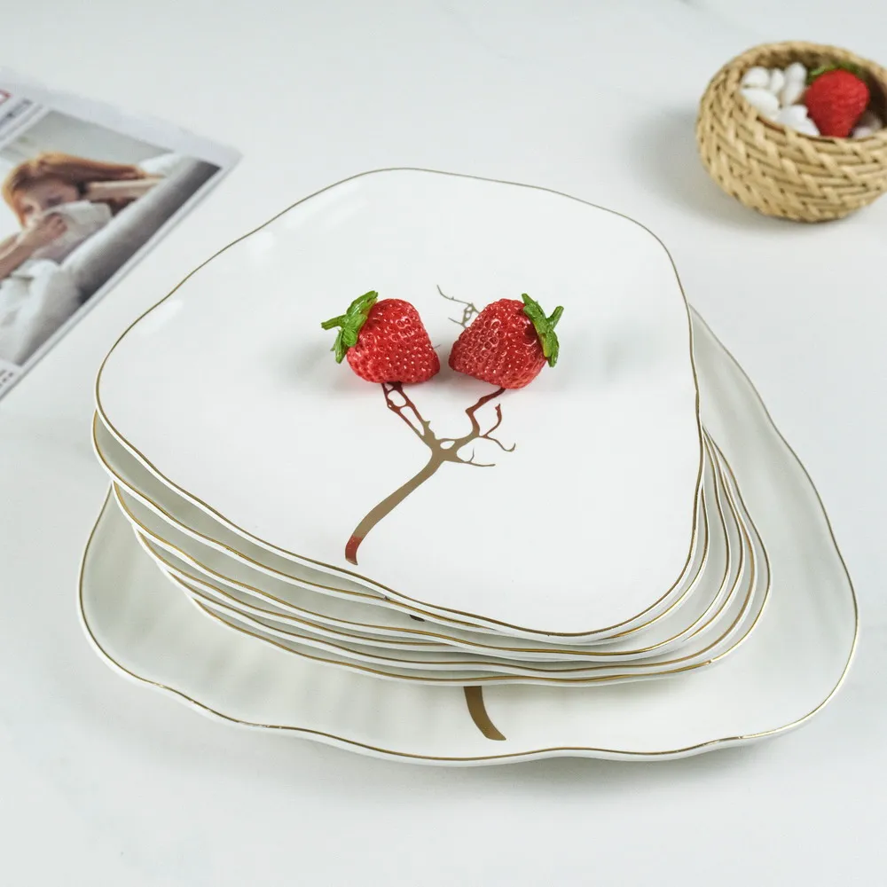 Royal Ware Irregular Matt White And Black Color With Gold Design Porcelain Catering Plates Ceramic Dinner Plates Sets Dinnerware