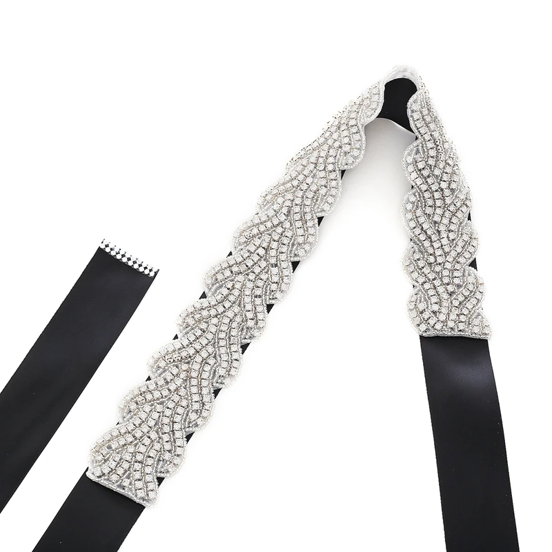 
Handmade Rhinestone Beaded Applique Bridal Sash Belt Dress Accessories Silver Diamonte Bridesmaid Belts For Party 