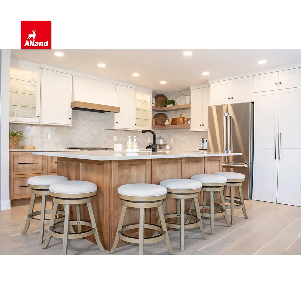 Allandcabinet Customized Luxury Maple Wood L Shaped Shaker Panel Two Tone Kitchen Cabinet Design with Island and Storage Cabinet