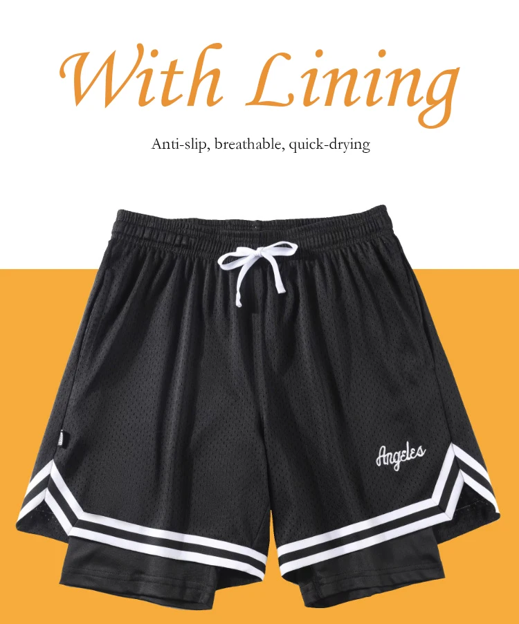 custom polyester double layer mesh embroidered basketball shorts plain elastic waist with pockets for men