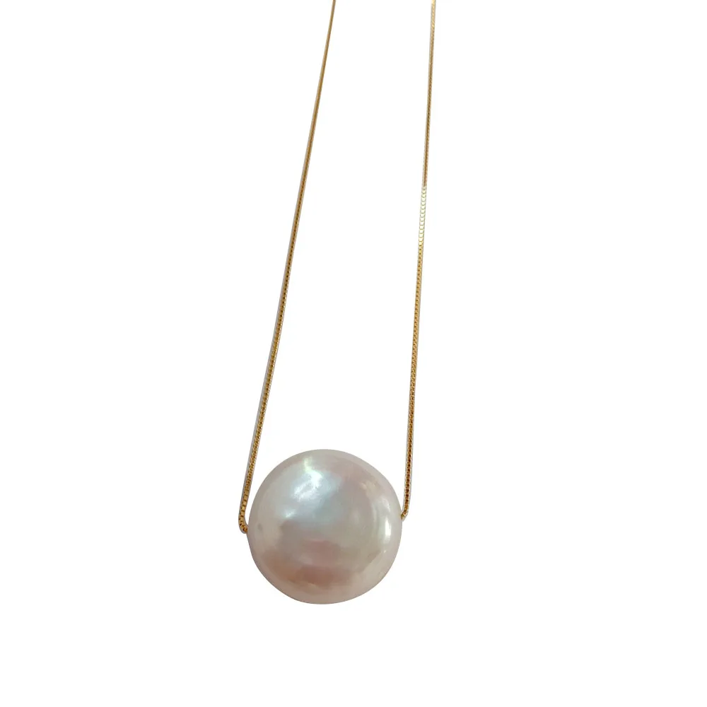 18 inch  Wholesales S925 sterling silver box chain pendant necklace ,100% nature freshwater coin baroque pearl 19 mm