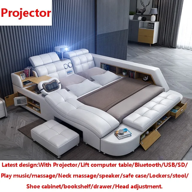 Intelligent china factory wholesale design solid wood frame manufactured leathers bed with projectorable bioscoops wholesales