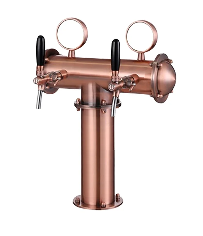 GHO rose gold color/bronze color T shape draft beer cooler tower with 2 faucet and LED light