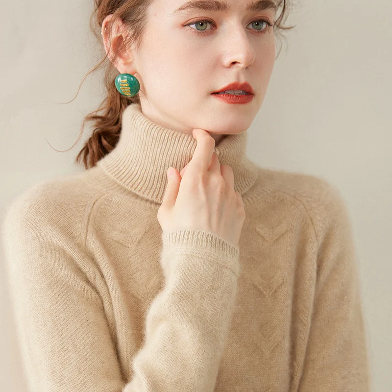 Autumn and Winter New 100% Cashmere Fabric Women Turtleneck Knit Sweater Solid Color Thick Sweater