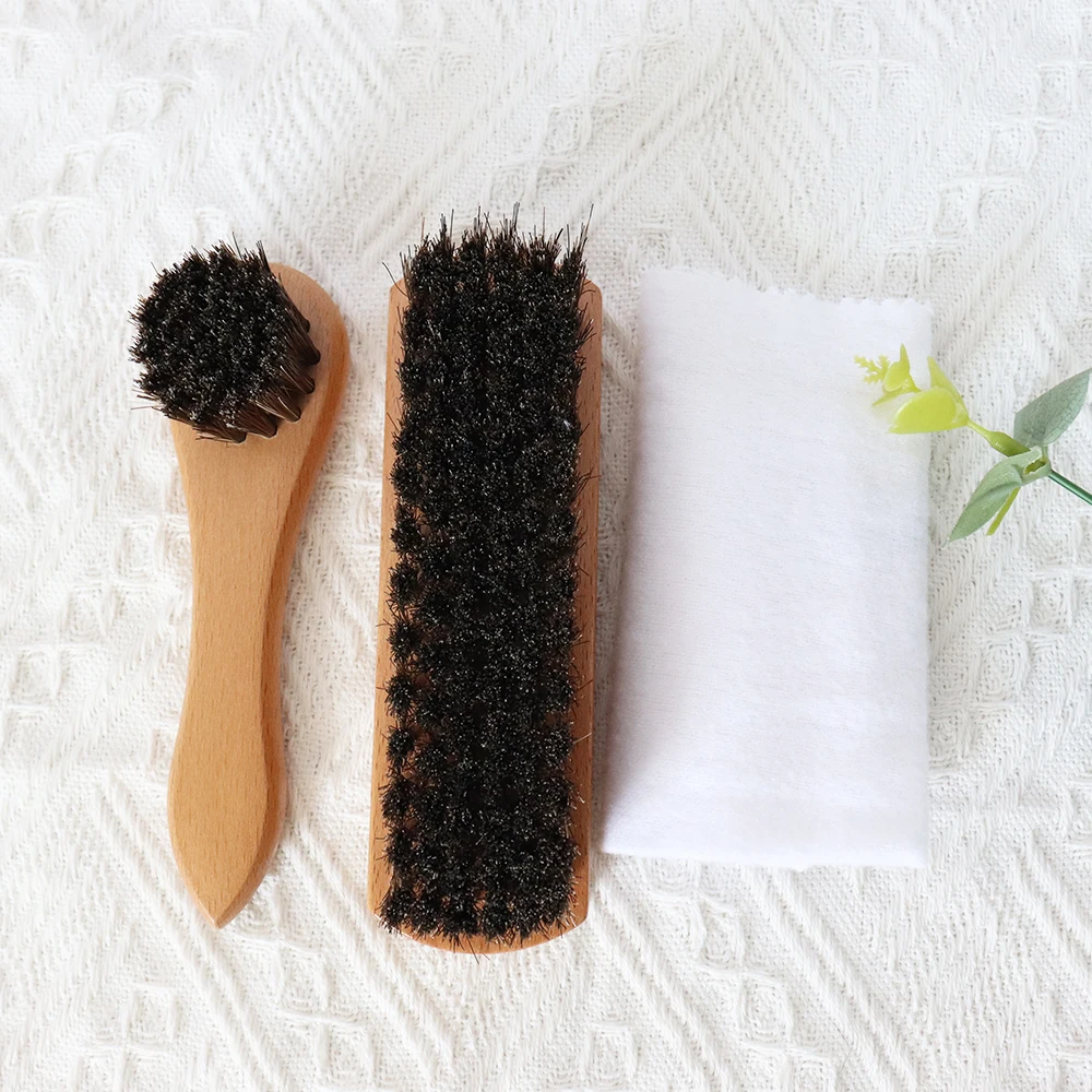 Factory Supply Custom Logo Horsehair Shoe Shine Brush Kit Leather Shoe Boots Polish Dauber Applicator Cleaning Brush with Cloth