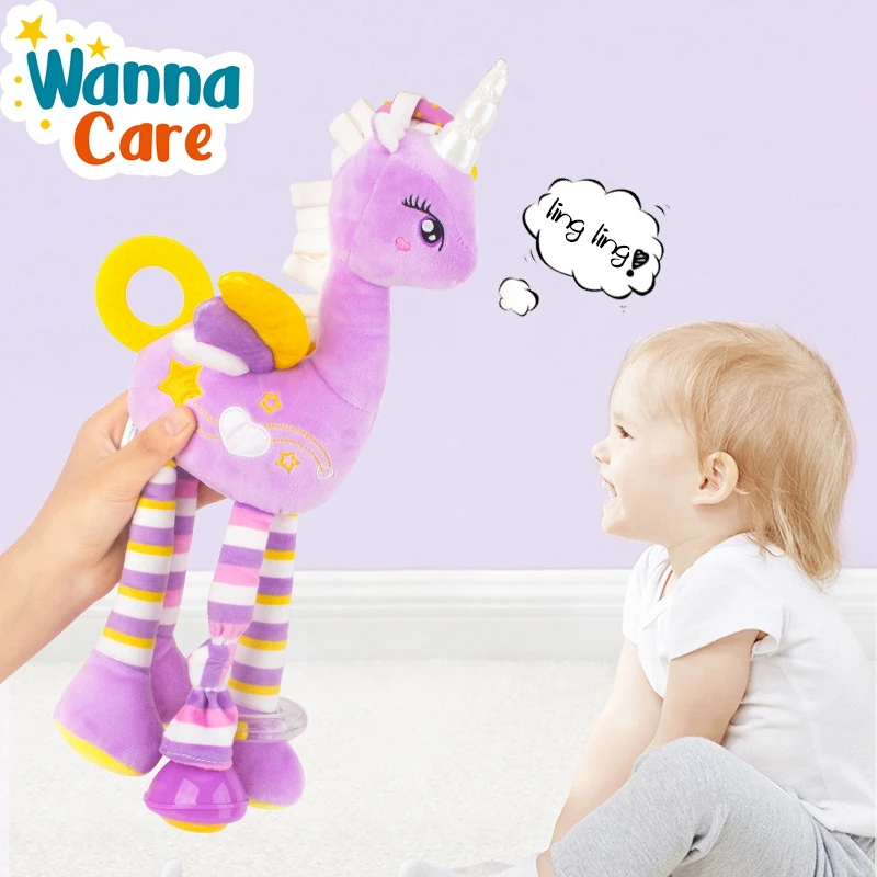 Custom Stuffed plush Doll Unicorn Baby Rattle toys 6 to 12 Months stroller crib hanging loop toddler new born toy For Car