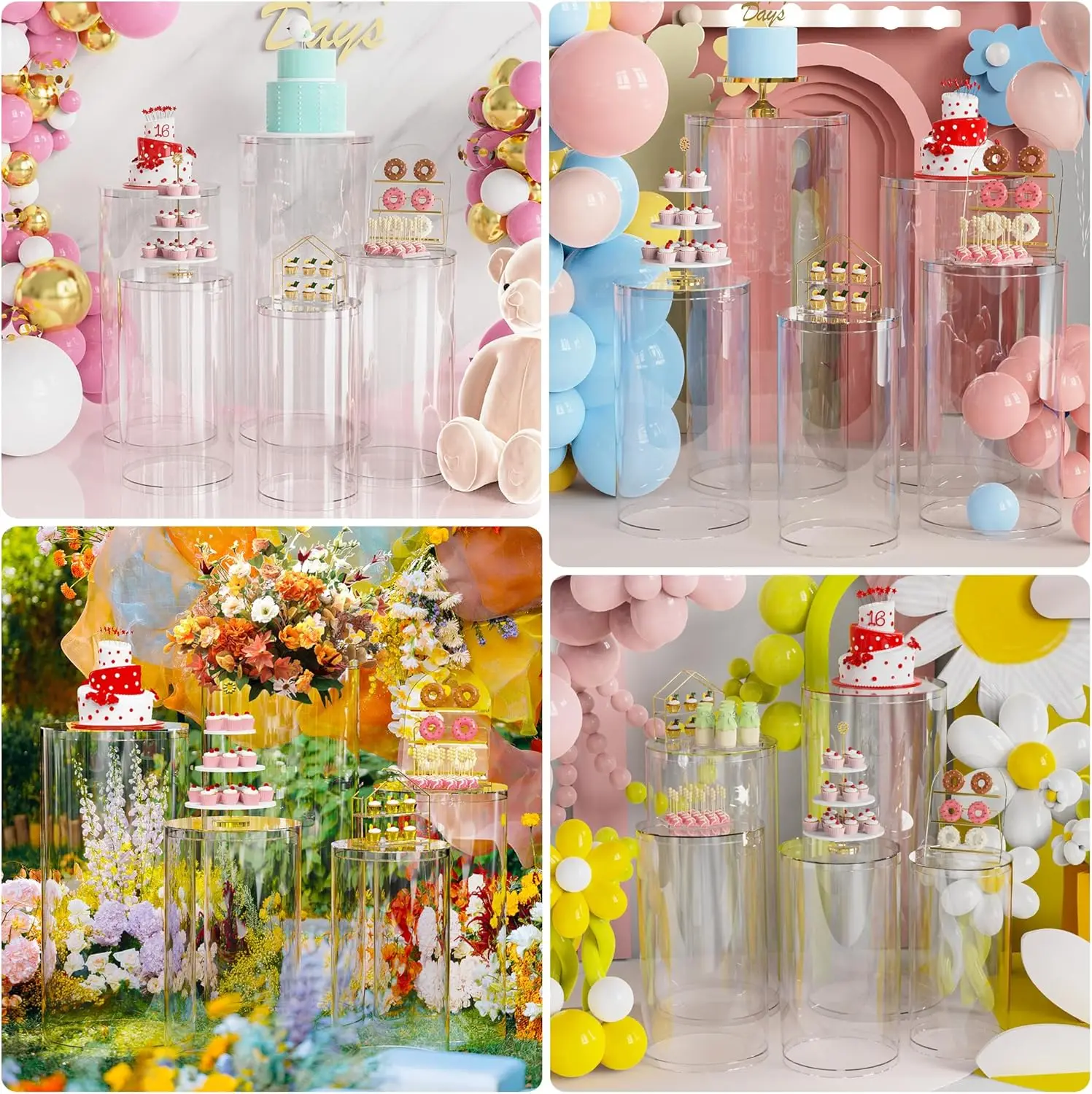 Clear Acrylic Cylinder Stand Support 5-Piece Party Base Display Pillar for Wedding Birthday & Art Decoration