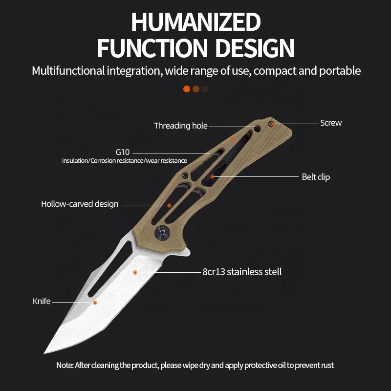 
The new camping outdoor tool hollow handle design 8cr13 stainless steel material lightweight folding knife camping 