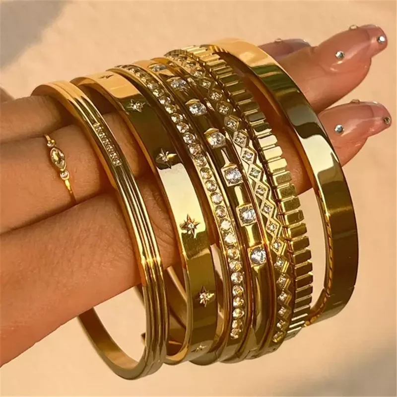 18k Gold Plated Star Zircon Stainless Steel Bracelets For Women Jewelry Vintage Anti Tarnish Open Colorful CZ Bracelet Bangle