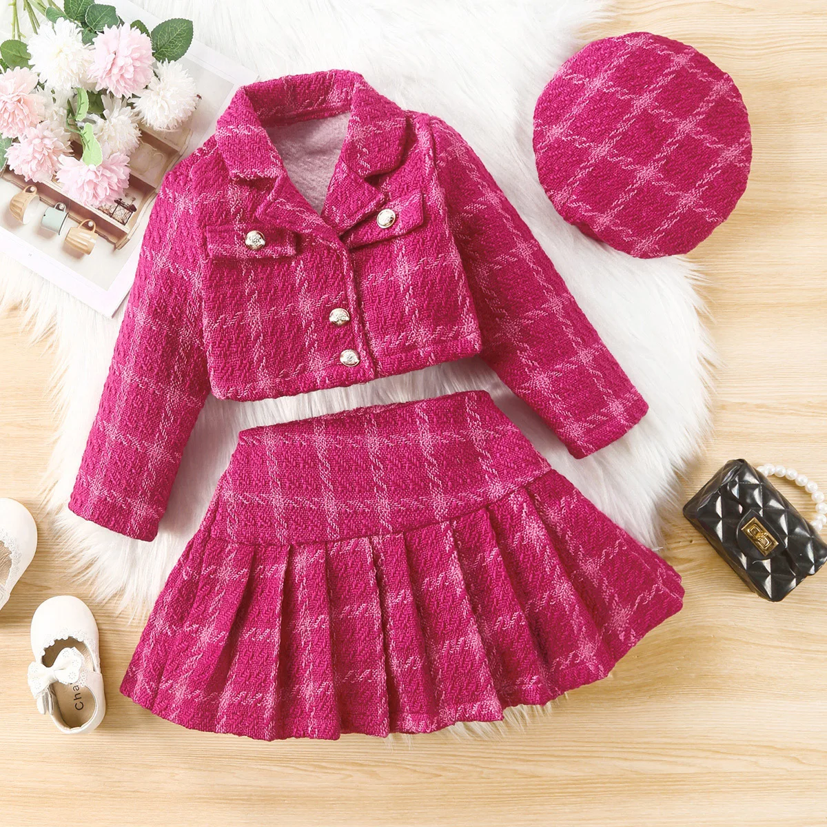 Luxury Girls Clothes Set Autumn Plaid Girls Tweed Jacket Pleated Skirt Set With Matching Cap 3 Pcs Outfits Children Clothes Set