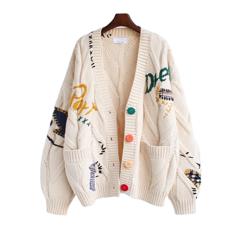 Oversized Loose Cotton Knit Jacquard Women Cardigan Sweater 2022 Wholesale Custom Designer Export Winter 1 Piece Casual Standard