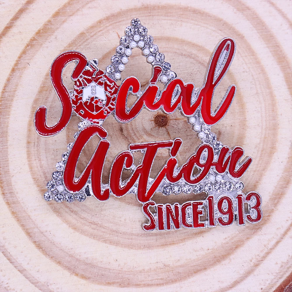 Designer Red And White Tone Sisterhood Delta Pin Clear Bling Decorated DST Sorority 1913 Symbol Triangle Jewelry Brooch