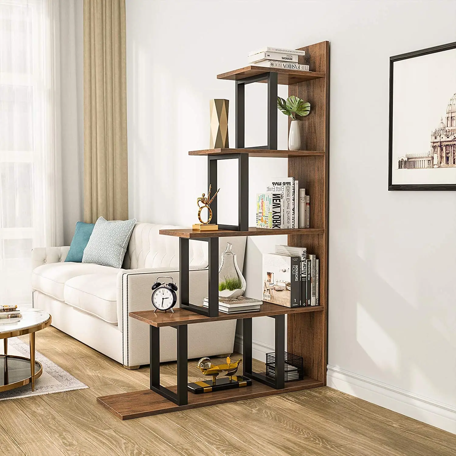 5-Tier L-Shape Bookshelf  Suitable for Living Room Bedroom Hallway Office,Industrial Vintage Freestanding Ladder Corner Bookcase
