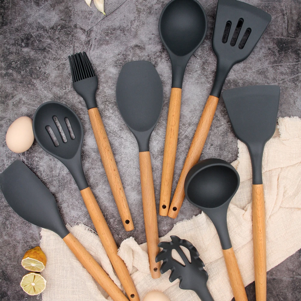 Silicone Cooking Utensil Sets Eco-friendly 10 Pieces Wooden Handles Cooking Tool Silicone Kitchen Utensil Set