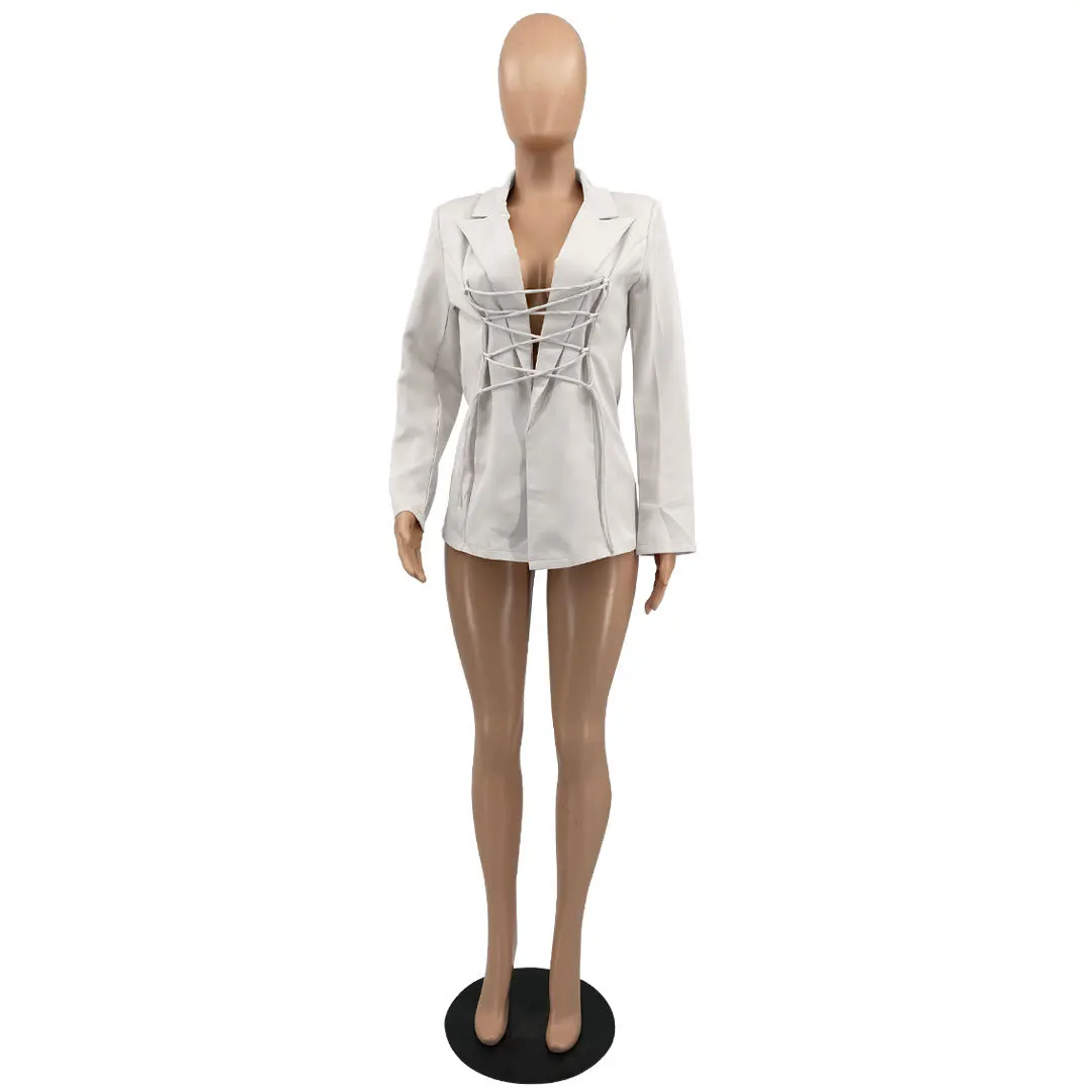 Trendy Femme Fashion Winter Coats 2021 Female White Blazer Suit Top Lace Up String Woman Jacket Long Sleeve Ladies Women Blazers