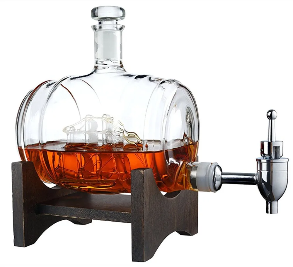 Top selling Handmade 1000ML Glass barrel Whiskey wine Decanter whiskey set with whiskey glasses whisky cup
