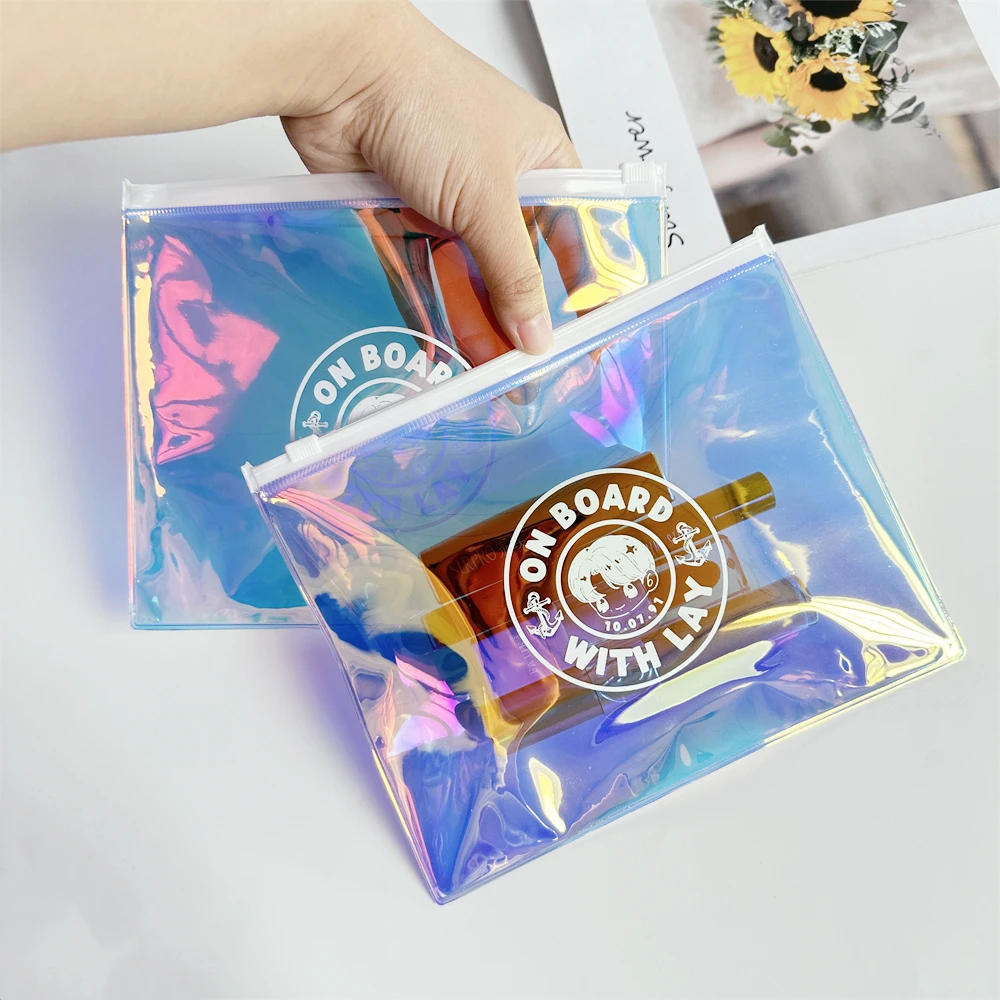 Trendy Custom Holographic Bga Pouch Cosmetic Iridescent Pvc Transparent Zipper Bag Print Laser Plastic Ziplock Packaging Bag