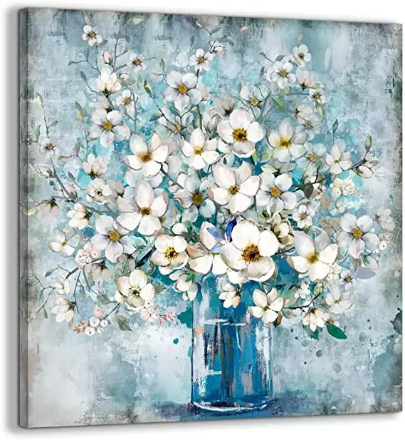 Decor White Flower In Blue Bottle Theme Picture Wall Art Painting Designs