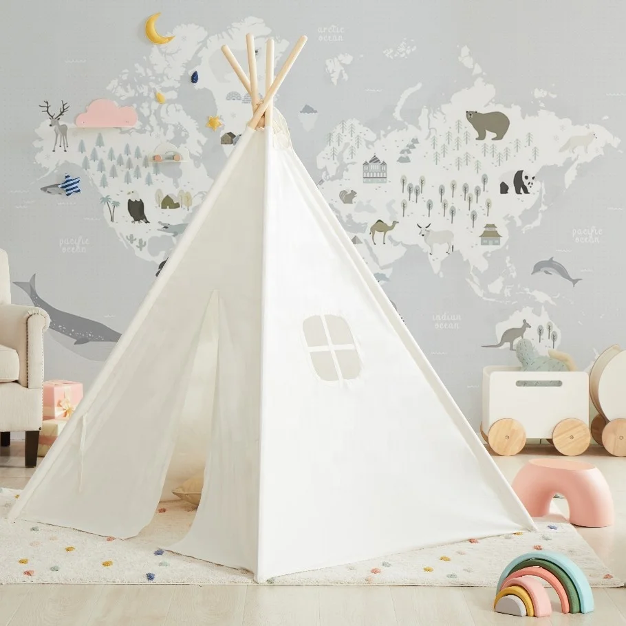 4-Walls Teepee Tent Kids Teepees White with Screen and Window Children Play House Teepee for Kids