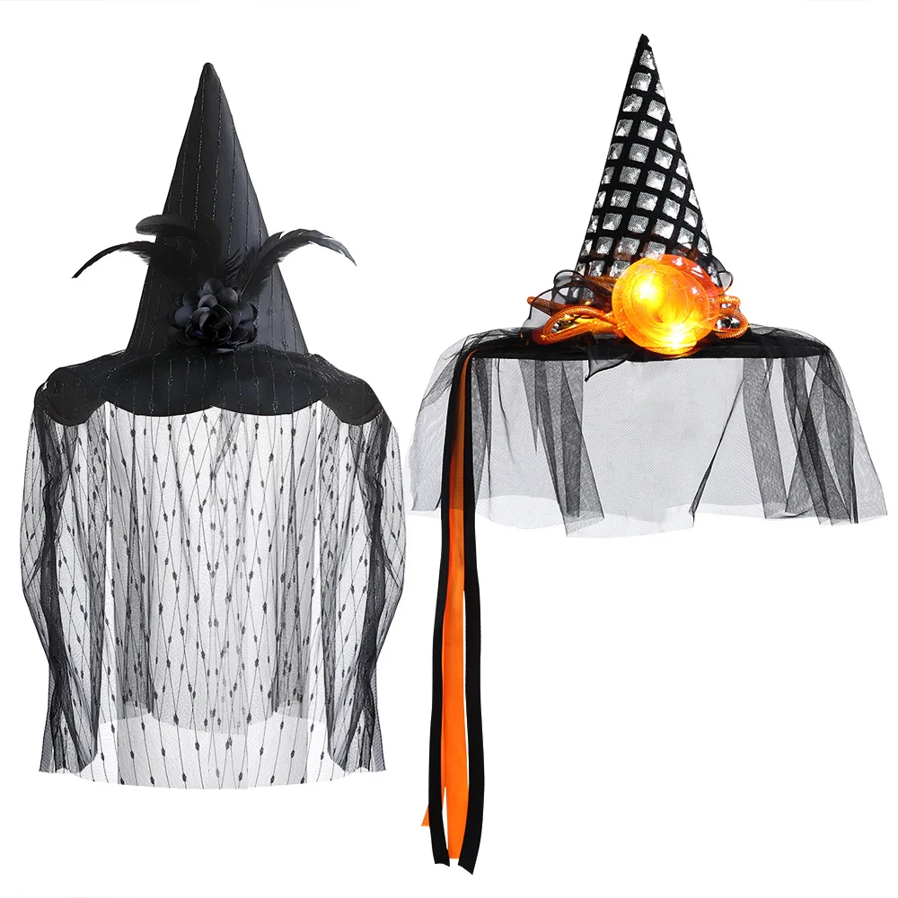 Halloween Satin Crow Wizard Witch Hat Cosplay Party Costume Prom Dress Up Props Glow Witch Hat with Yarn Carnival Occasions