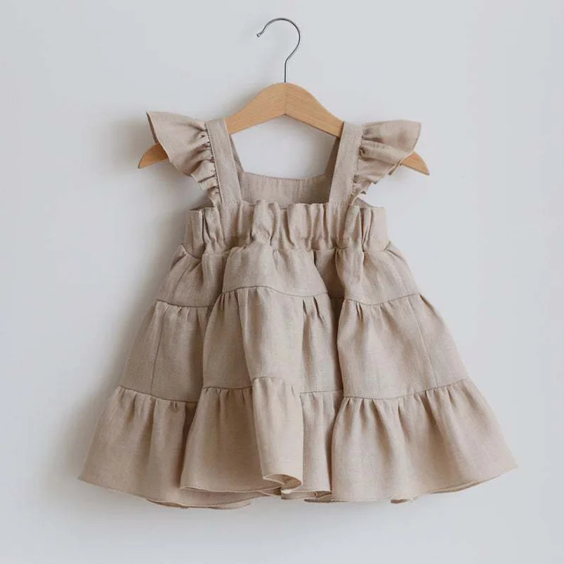 Solid Cotton Linen A-Line Dress for Kids Girls Baby Summer Wedding Birthday Party Casual with Short Ruffles Sleeves Knee-Length