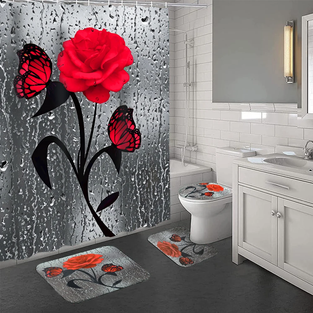 Высокое качество, розовый принт, 3D водонепроницаемый полиэстер, ванная комната, Противоскользящий коврик, набор, домашний декор