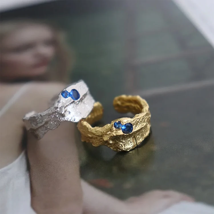 Chris April 925 irregular wide hammered sterling silver bumpy textured gold plated nugget rings