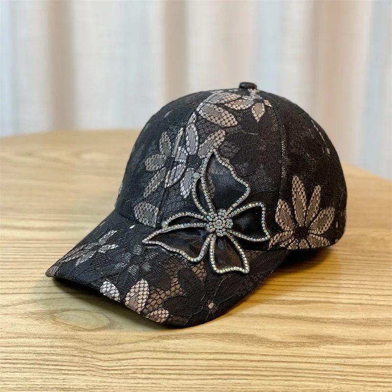 New lace thin sports cap female breathable sunscreen rhinestone butterfly baseball cap custom logo fashion cap.