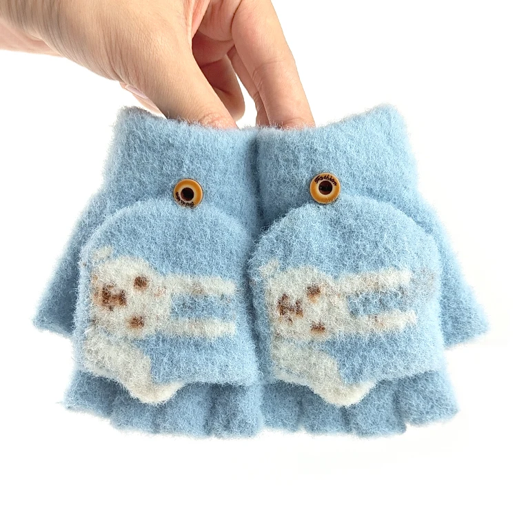 Convertible Flap Cover Kids Knitted Warm Faux Mink Fur Fingerless  Mitten Gloves with Adorable Rabbit Pattern Mitten Cover Blue