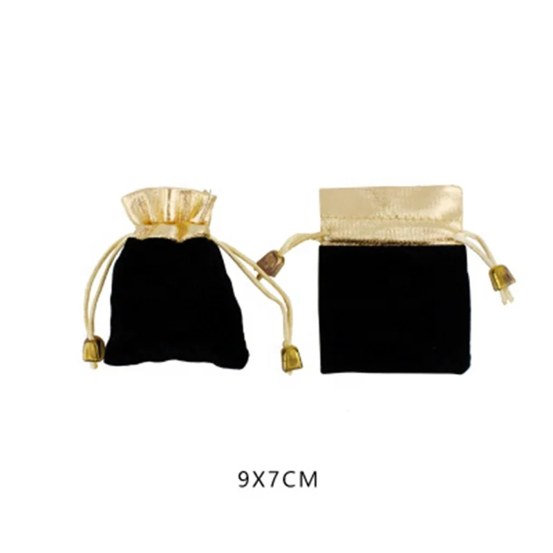 
50pcs/Lot Black Velvet Pouches Lint Bag Jewelry Pouches Golden Top Drawstring Velvet Bag 