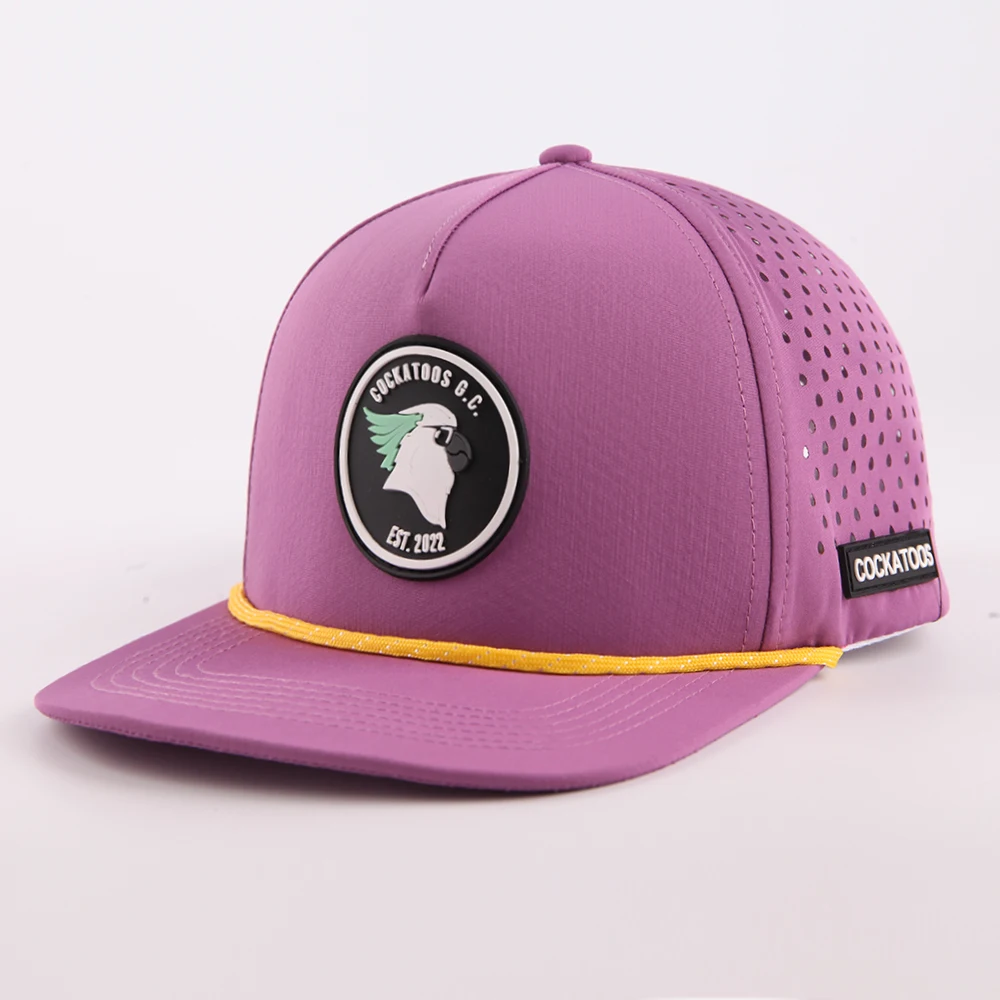 Custom 5 Panel Rubber Patch label Flat Bill Hip Hop Snapback Caps,Waterproof Laser Cut Hole Perforated Hat