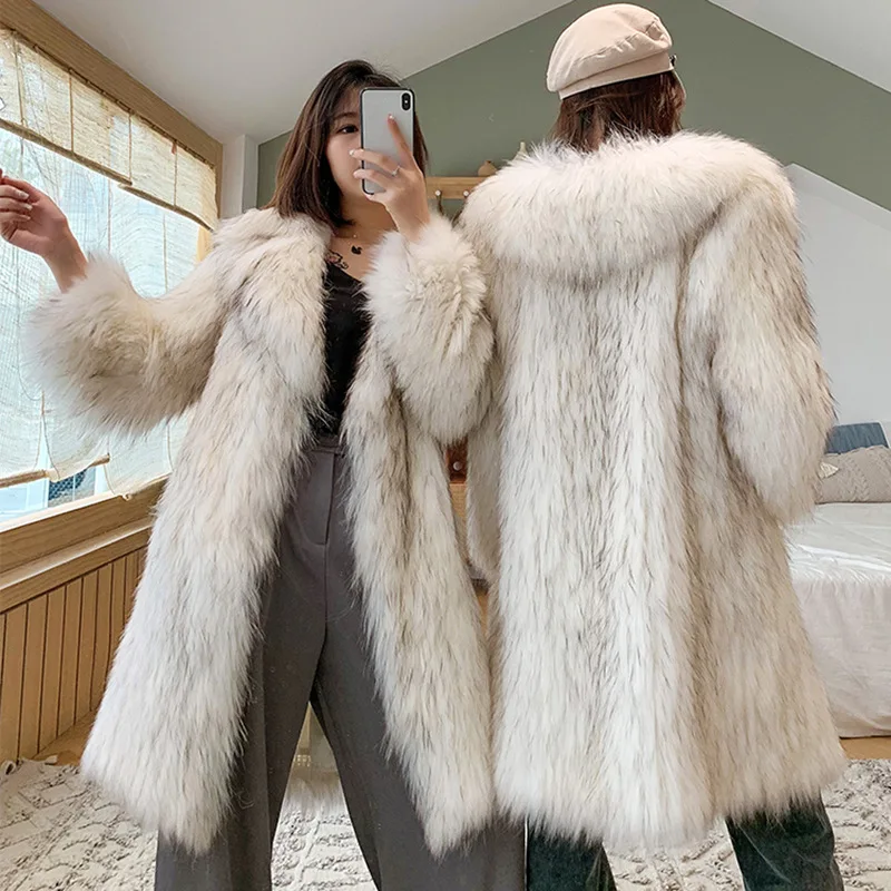 Winter Warm Furry Fur Jacket White High Quality Casual Faux Fox Fur Women Long Coat