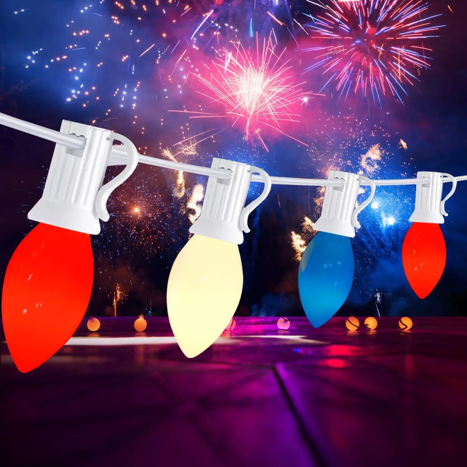 USA Patriotic Celebrations Decor UL 25 Count E12 5W Red White Blue C7 String Lights Incandescent Bulb for Home Party Yard Patio