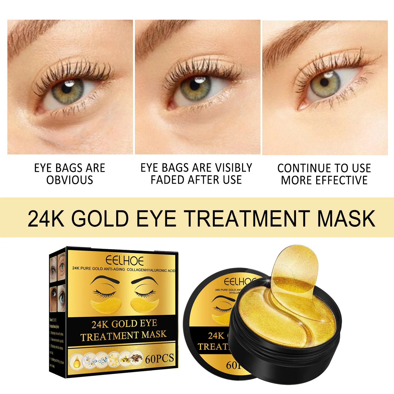 EELHOE 24K Golden Eye Mask to lighten eye bags, tighten, moisturize and lift fine lines at the corners of the eyes. Eye care