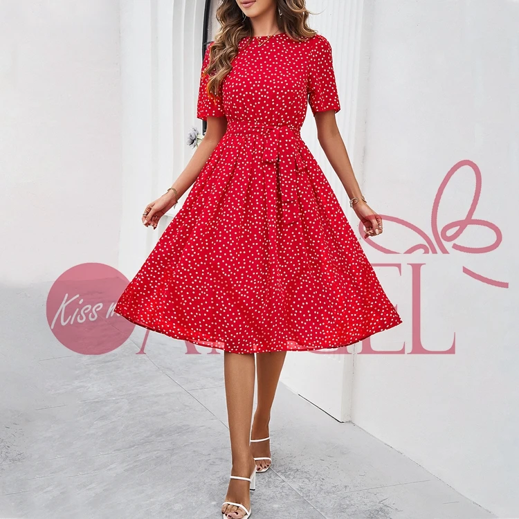 KISS ME ANGEL fashion summer ladies new style casual polka dot print short-sleeved round neck chiffon dress