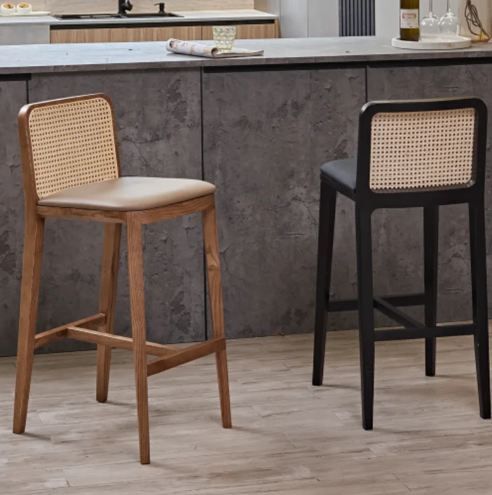 Wholesale High Quality Nordic Upholstered Bar Stool Wood Chair Rattan Chair for Bar
