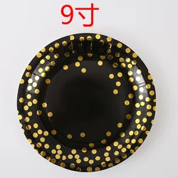 Gold Plastic Forks Knives Spoons and Golden Dot Black Paper Plates, Black Napkins Cups for Graduation, Birthday, Wedding